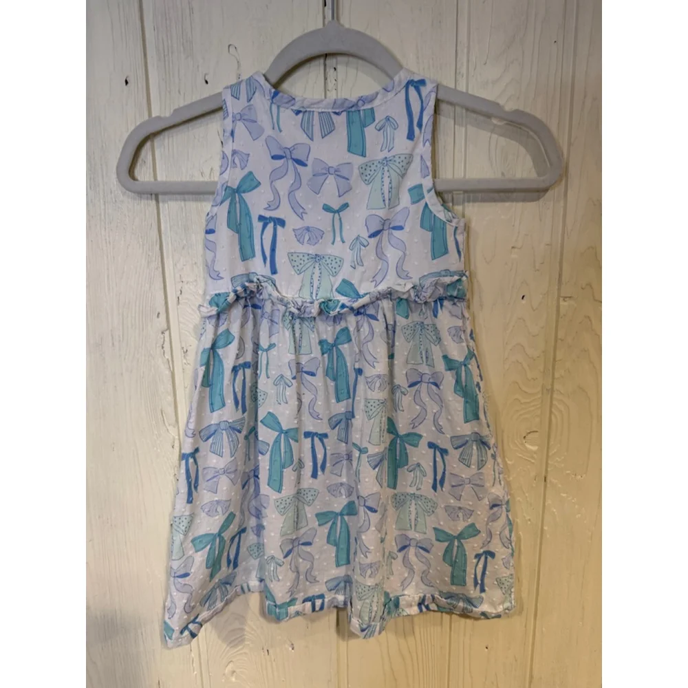 Penelope Mack Girls White Blue Bow Print Dress Small